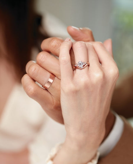 Bridal, Rose Gold, Bridal Set, Matching Set, Diamond Ring, Men's Engagement, Band, Flat Edge, Milgrain, Wedding Band, Lifestyle, Classic, Geometric Ring