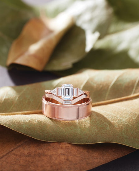 Geometric Jewelry, Bridal, Rose Gold, Bridal Set, Matching Set, Diamond Ring, Men's Engagement, Band, Flat Edge, Milgrain, Wedding Band, Lifestyle, Classic, Geometric Ring