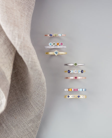 Gemstone Jewelry, Solitaire, Gemstone Rings, Stackable, Gold, Sterling, Silver, Rose Gold, Ruby, Aquamarine, Alexandrite, Citrine, Peridot, Spinel, Baguette, Diamond, Three-Stone, Four-Stone, Five-Stone, Bezel-Set