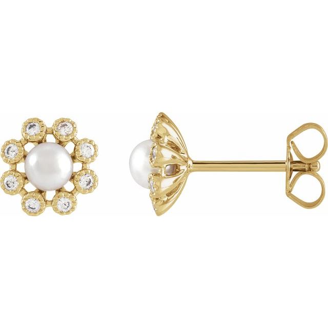 Cultured Freshwater Pearl and Natural Diamond Earrings