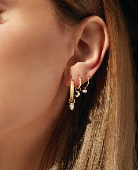 Earrings, Diamond Dangle, Bezel, Huggie Earrings, Moon Earrings, Freshwater Pearl, Pearl Dangle Earrings, Hoop Dangle Earrings